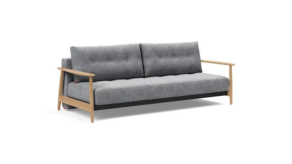 Eluma, sofa rozkładana, skandynawski design, sofa z dębowymi podłokietnikami, wygodna sofa z funkcją spania